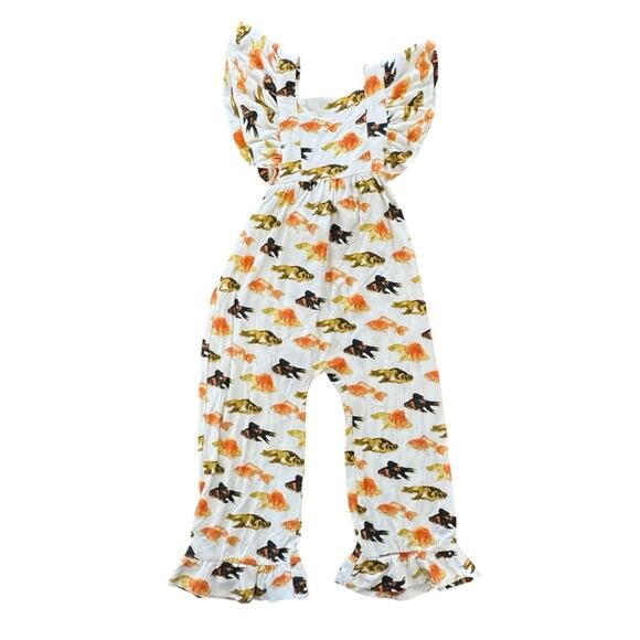 The Woods By Kate Quinn Girls’ Fish Print Jumpsuit Modal White Orange Size 3T - Picture 1 of 8